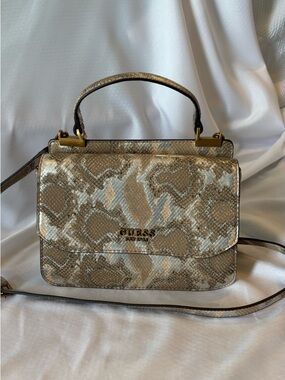 GUESS Metallic Snake-Print Satchel in Gold and Beige